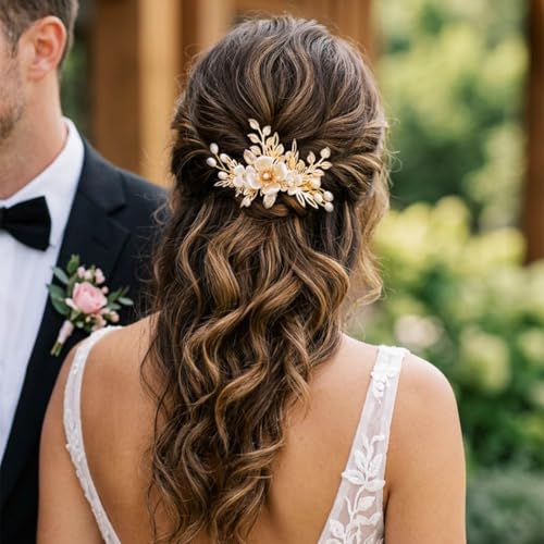BARTOSI Gold Flower Bride Wedding Hair Clips Bridal Hair Pieces Floral Hair Accessories for Women and Girls