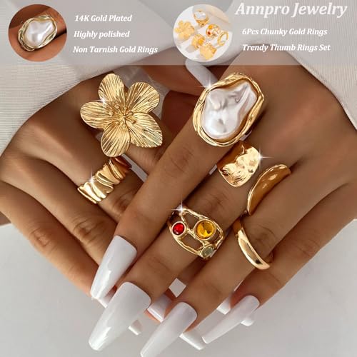 Chunky Stackable Rings Set for Women Non Tarnish Adjustable Open Stacking Knuckle Ring Chunky Joint Finger Midi Rings Pack Dainty Simple Statement Jewelry - style: D-6pcs flower pearl