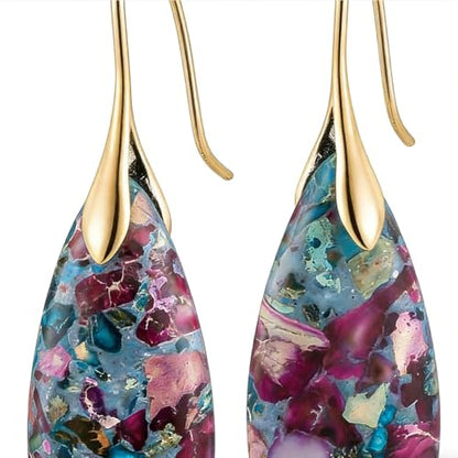 Boho Natural Imperial Jasper Teardrop Dangle Earrings for Women – Hypoallergenic French Hook Stone Drop Earrings Jewelry - color: Red Blue Golden Hook