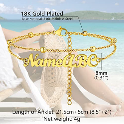 PROSTEEL Trendy Handcuffs Design/Customize Words Ankle Bracelet For Women, 316L Stainless Steel Anklets Silver/Gold/Black Tone, Hypoallergenic, Come with Box - style: 05 Customize-Bead Chain(8.5"-10.5")-Luxury Gold