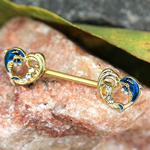 Pierced Owl 14GA Gold Plated Stainless Steel Dolphin Heart Wave Nipple Barbells, Sold as a Pair