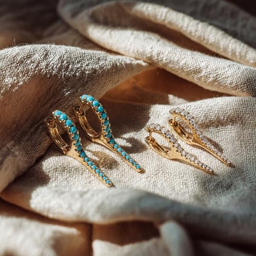 DREMMY STUDIOS Gold Dainty Huggie Hoop Earrings 18K Gold Plated Exquisite Open Tassel Dangle Charm Drop Sleeper Geometric Cross Coin Star Heart White CZ Simple Hypoallergenic Earrings for Women - color: Long-CZ