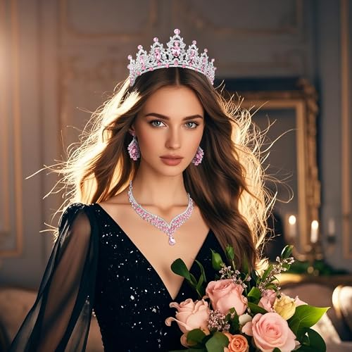 Crowns and Tiaras jewelry sets for Wedding princess birthday party Halloween Prom Pageant Jewelry for Women Crystal Bridal Jewelry Set for women - color: Silver Pink