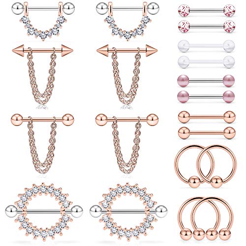 Ruifan Surgical Steel Nipple Shield Rings Tongue Barbell Piercing Jewelry Retainer 14G 5/8Inch Chain Dangle Clear CZ For Women Men 2-20PCS - color: 20PCS - Rose Gold