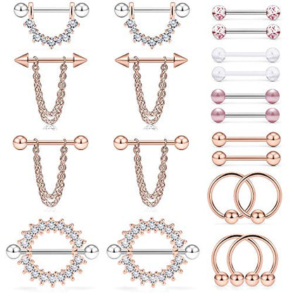 Ruifan Surgical Steel Nipple Shield Rings Tongue Barbell Piercing Jewelry Retainer 14G 5/8Inch Chain Dangle Clear CZ For Women Men 2-20PCS - color: 20PCS - Rose Gold