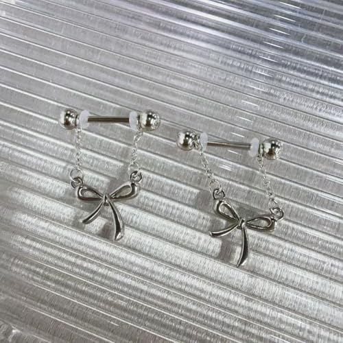 14G Bow Knot Dangle Nipple Rings for Women Silver Chain CZ Crystal Butterfly Nipple Shield Barbell Nipplerings Piercing Sexy Body Piercing Jewelry - color: Bow