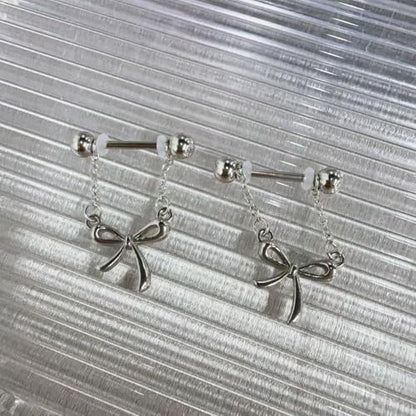 14G Bow Knot Dangle Nipple Rings for Women Silver Chain CZ Crystal Butterfly Nipple Shield Barbell Nipplerings Piercing Sexy Body Piercing Jewelry - color: Bow