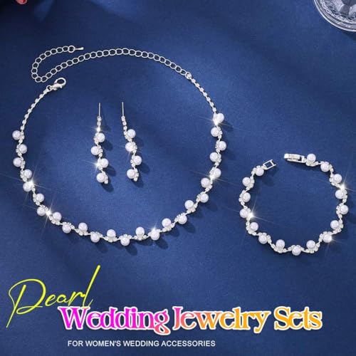 Aukmla Pearl Wedding Jewelry Sets Silver Rhinetsone Choker Necklace and Earring Bracelet Set Prom Jewelry for Brides and Women - color: Silver