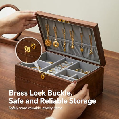 Jewelry Box Organizer for Women & Men 2-Layer Lockable | Wooden with Velvet Lining, Black Walnut Double Layer, Earring Ring Necklace Organizer, Lock & Key, Brass Handles - style: 2-layer lockable