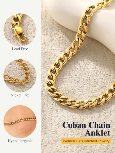 U7 Ankle Bracelets for Women Stainless Steel Waterproof Tarnish Resistant | 18K Gold Plated/Silver/Rose Gold Anklets, Cuban Chain Anklet Bracelets, Perfect for Summer Beach and Vacation Outfits - color: Gold Plated-5mm-Curb Chain