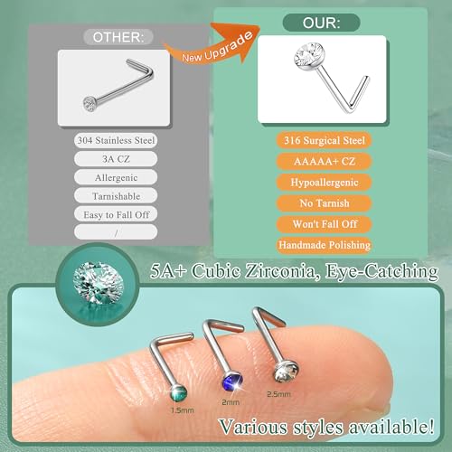 THUNARAZ Straight L Shaped Stainless Steel Nose Studs Rings Piercing Pin Body Jewelry 20G-22G 1.5mm 2mm 2.5mm - color: G:120Pcs White CZ/Colourful CZ ( 20G L Shaped)