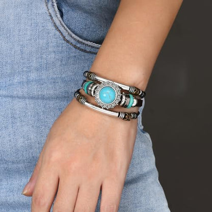 INENIMARTJ Western Turquoise Leather Wrap Bracelets for Men Women Boho Multilayer Turquoise Cuff Wrap Bracelet Western Bracelet Jewelry for Men and Woman - color: brown