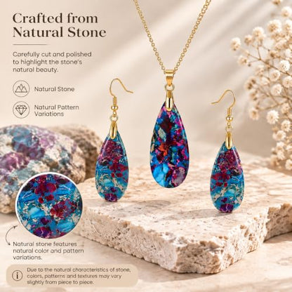 Natural Healing Stone Necklaces for Women Boho Crystal Drop Earrings Set Unique Emperor Stone Pendant Necklace for Birthday Party Jewelry Gift - color: Rainbow Blue - Gold Hook