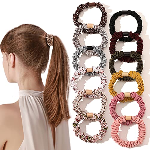 Silk Hair Ties Satin Scrunchies - Small Mini Scrunchy for Women Thick Hair Accessories Cute Soft No Slip Hair Elastics Ponytail Holder for Curly Hair No Damage Hairties Gift for Girl - color: Dark-Brown