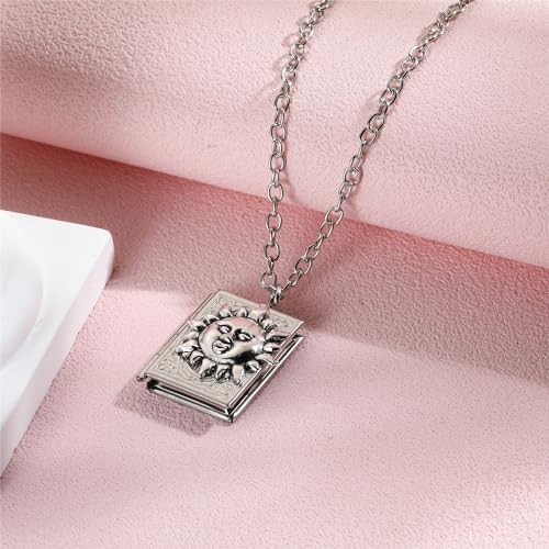 Photo Book Locket Necklace for Women Charm Choker Pendants that Holds Pictures Memorial Jewelry - color: Sun Pattern