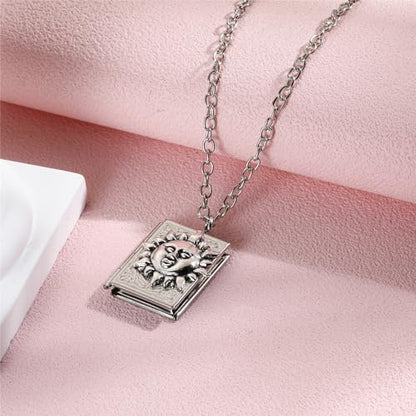 Photo Book Locket Necklace for Women Charm Choker Pendants that Holds Pictures Memorial Jewelry - color: Sun Pattern