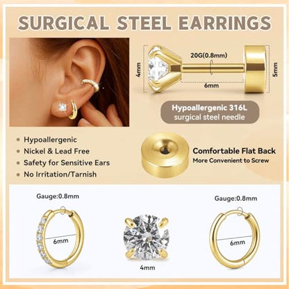 Silver/Gold Stud Hoop Earrings:Hypoallergenic Surgical Stainless Steel Small Cartilage Huggie Hoop Earrings Flat Back Earrings Screw Back and Flatback Stud Earrings for Women Multiple Piercing Sensitive Ears - style: Gold-(6mm+6mm)hoop earrings+4mm cz stu