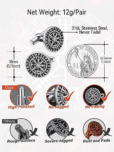 FaithHeart Mens Cufflinks, Norse Viking Tuxedo Shirt Cuff Links, Stainless Steel Cuff Links and Shirt Studs, Gift Box - style: 01. Compass-Silver