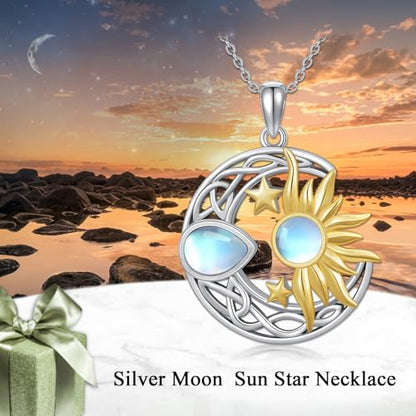 AOBOCO 925 Sterling Silver Moon Sun Star Necklace Celtic Jewelry for Women Girls - color: Silver&Gold&Moonstone
