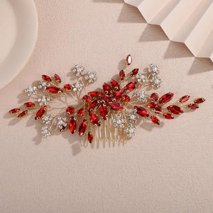 Teyglen Wedding Rhinestone Hair Comb with Pearl Bridal Red Crystal Flower Hair Side Comb Crystal Headpiece Handmade Rhinestone Hair Piece Flower Hair Accessories for Women (Red) - color: Red