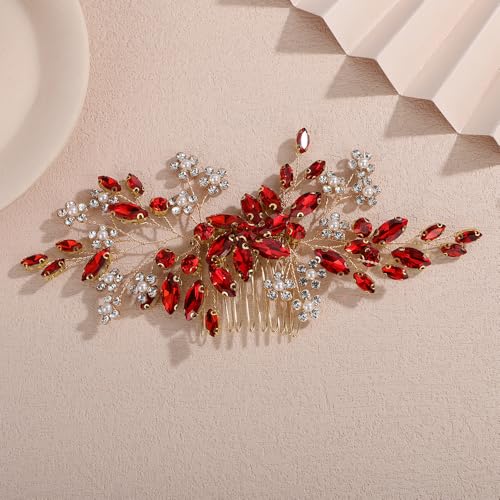 Teyglen Wedding Rhinestone Hair Comb with Pearl Bridal Red Crystal Flower Hair Side Comb Crystal Headpiece Handmade Rhinestone Hair Piece Flower Hair Accessories for Women (Red) - color: Red