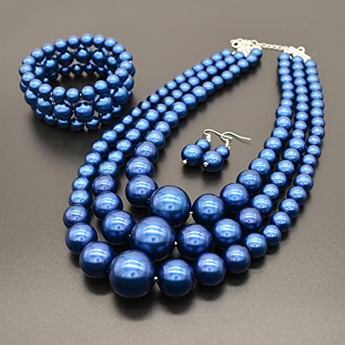 Big Chunky Pearl Necklace and Earrings Set Large Costume 1920s Faux Pearls Gatsby Accessories - color: A-royal blue