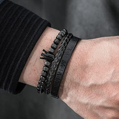 WFYOU 3PCS Stainless Steel Imperial Crown Bracelets for Men Gold Roman Numeral Bangle Bracelet Adjustable Cuff Bracelet Mens Luxury Jewelry Gifts - style: 10:Black- Crown