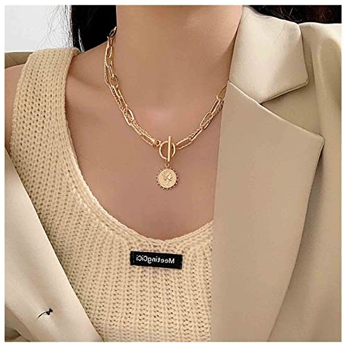 Punk Layered Toggle Necklace Choker Gold Paperclip Chain Necklace Toggle Bar Clasp Necklace Vintage Coin Disc Pendant Necklace Chain Jewelry for Women Gift