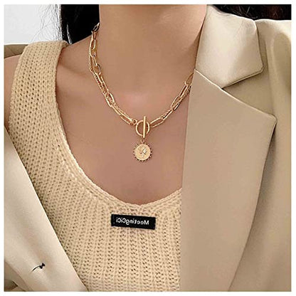 Punk Layered Toggle Necklace Choker Gold Paperclip Chain Necklace Toggle Bar Clasp Necklace Vintage Coin Disc Pendant Necklace Chain Jewelry for Women Gift