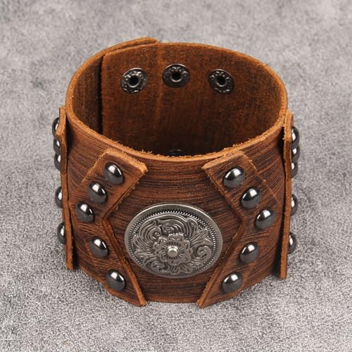 Jeilwiy Punk Leather Wristbands for Men Bracelets Handmade Wide Cuff Bangle Braided Jewelry Black Brown Adjustable - Punk Father's Gifts - color: 02 Leather Cuff Bracelet Brown