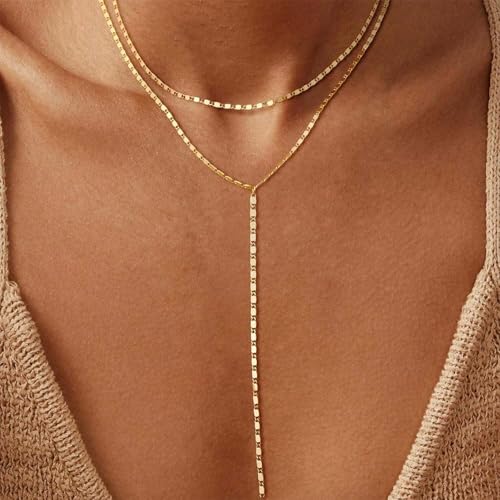 Dcfywl731 Minimal Dainty Gold Plated Dangle Earrings Layered Bar Pendant Neckalce Gold Long Y-Necklace Gold Earrings and Necklaces Set Delicate Lariat Chain Jewelry for Women - color: BLACK