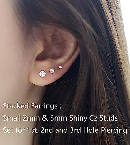 6Pairs 2mm/3mm Surgical Steel Hypoallergenic Piercing Studs, 20G 14K Real Gold Filled Tiny Stud Earrings Set for Multiple Hole Piercing (Cubic Zirconia, Pearl, Ball) - style: I : 2MM + 3MM, Cubic Zirconia, 6 Pairs