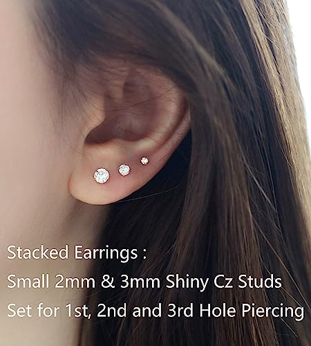 6Pairs 2mm/3mm Surgical Steel Hypoallergenic Piercing Studs, 20G 14K Real Gold Filled Tiny Stud Earrings Set for Multiple Hole Piercing (Cubic Zirconia, Pearl, Ball) - style: I : 2MM + 3MM, Cubic Zirconia, 6 Pairs