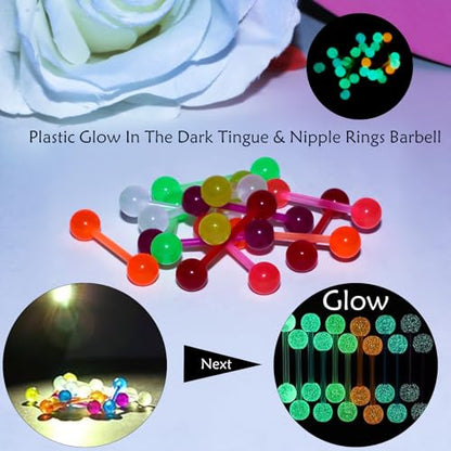 14G Plastic Tongue & Nipple Piercing Jewelry Tongue Rings Nipple rings For Women Men Glow Dark Barbell Silicone acrylic tongue ring for Women Men 7 Colors Each in a Pair 16mm