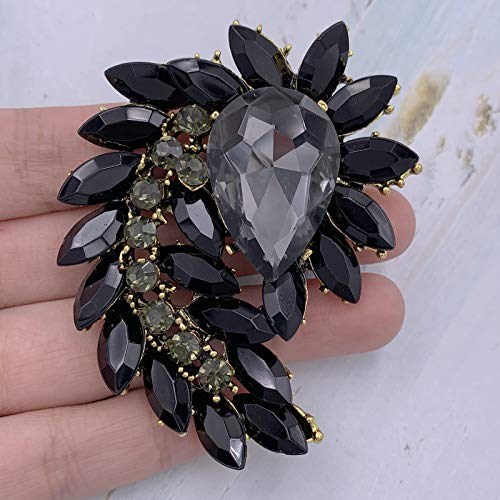SELOVO Marquise Shape Rhinestone Red Leaf Costume Brooch Pin Jewelry Antiqued Gold Tone - color: Black