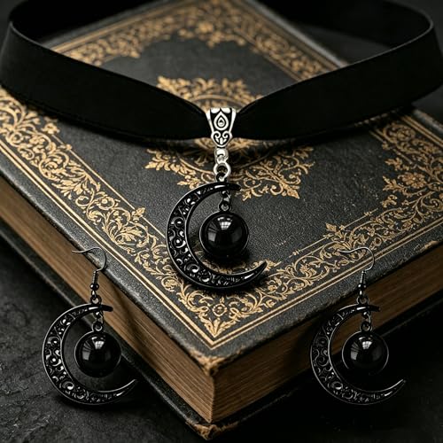 ONLYJUMP Gothic Witch Moon Earrings Necklace Set for Women Goth Black Velvet Moon Choker Necklace Moon Zirconia Dangle Drop Earrings Dark Halloween Witch Vampire Jewelry - color: Black