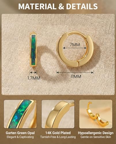 Dainty Opal Huggie Earrings, 14K Gold Plated Cartilage Earrings Jewelry Gift for Women Teen Girls with Quote Card and Velvet Gift Pouch - style: Huggie Earring - Garden Green Opal