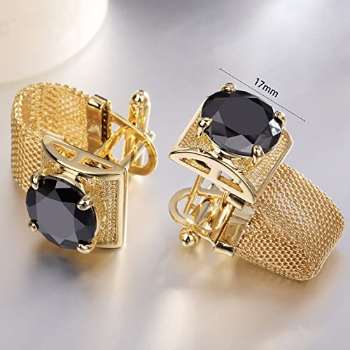 HAWSON Mens Cufflinks with Chain - Stone and Shiny Gold Tone Shirt Accessories - Party Gifts for Young Men - color: 24K Gold Color+Black Crystal