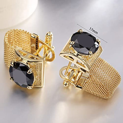 HAWSON Mens Cufflinks with Chain - Stone and Shiny Gold Tone Shirt Accessories - Party Gifts for Young Men - color: 24K Gold Color+Black Crystal