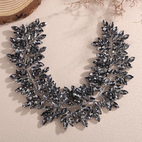 Missgrace Women Silver Green Black Red Blue Handmade Full Crystal Rhinestone Large Headband Hair Vine Shinny Headpiece Bridal Wedding Hair Accessories for Women (Grey) - color: Grey