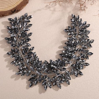 Missgrace Women Silver Green Black Red Blue Handmade Full Crystal Rhinestone Large Headband Hair Vine Shinny Headpiece Bridal Wedding Hair Accessories for Women (Grey) - color: Grey