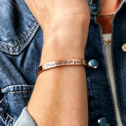 This Too Shall Pass But F*cking Hell Mantra Cuff Bracelets, Stainless Steel Inspirational Cuff Bracelets with Hidden Message Engraved Bracelet Open Adjustable Self-Reminder Bangle Motivational Jewelry for Women - color: Rose Gold
