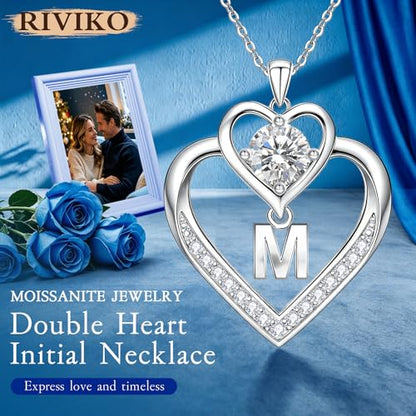 RIVIKO 1 Carat Moissanite Heart Initial Necklace for Women,Letter Pendant | 925 Sterling Silver Chain,Personalized Jewelry,Anniversary Birthday Gifts for Wife Friend Mom - color: Letter M