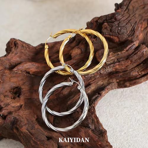 2 Pairs Gold/Silver Hoop Earrings For Women Set Trendy,14K Plated Gold Chunky Huggie Hoop Earings Pack,Oval Twisted Statement Silver Hoops,Fashion Jewelry Gift - color: 2) twist hoop
