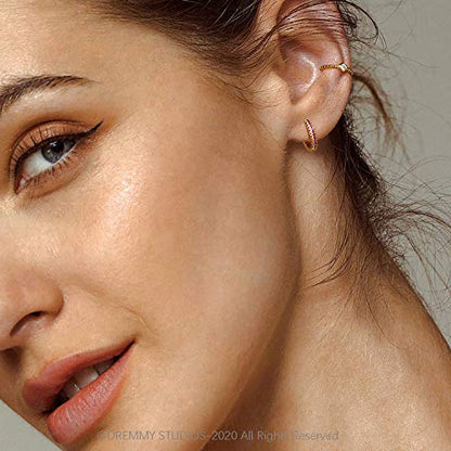 Dremmy Studios Dainty CZ Huggie Hoop Earrings 14K Gold Plated Chunky Simple Cute Thick Round Frill Bead Ball Starburst Cuff Earrings Cubic Zirconia Hoop Earrings Minimalist Personalized Gift for Her - color: CZ Rose