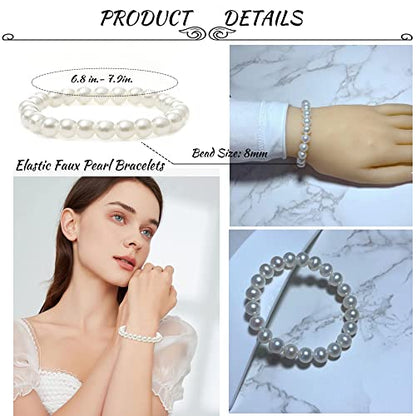 MOZAKA 30 Pieces 6mm/8mm Faux White Pearl Bracelets for Women Stackable Stretch Beaded Bracelets Simulated Pearl Bracelet Set for Bridesmaid Bridal Wedding Party Jewelry - style: B:8mm