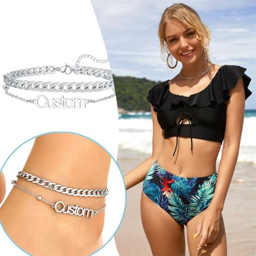 U7 Custom Layered Ankle Bracelets for Women Stainless Steel Bead/Cuban/Figaro/Rope/Wheat Chain Anklet Waterproof Anklet Jewelry for Beach Vacation - color: b-Silver-Cuban Chain