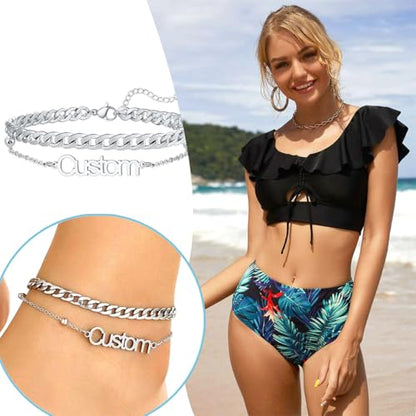 U7 Custom Layered Ankle Bracelets for Women Stainless Steel Bead/Cuban/Figaro/Rope/Wheat Chain Anklet Waterproof Anklet Jewelry for Beach Vacation - color: b-Silver-Cuban Chain