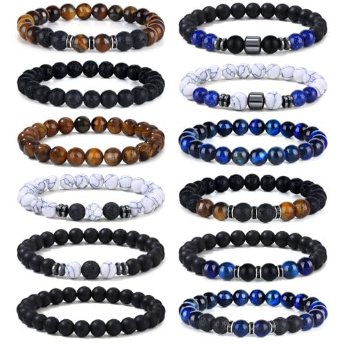 Giovanchi 4-12PCS Bracelets for Men, 8MM Mens Bracelets Lava Rock Black Obsidian Howlite Tiger Eye Beaded Natural Stone Bracelet Jewelry Gifts for Birthday Christmas - style: 12Pcs G