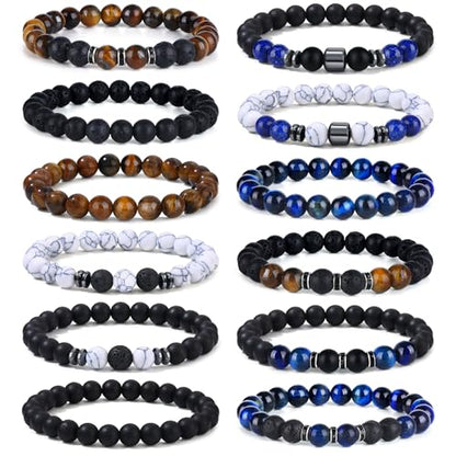 Giovanchi 4-12PCS Bracelets for Men, 8MM Mens Bracelets Lava Rock Black Obsidian Howlite Tiger Eye Beaded Natural Stone Bracelet Jewelry Gifts for Birthday Christmas - style: 12Pcs G